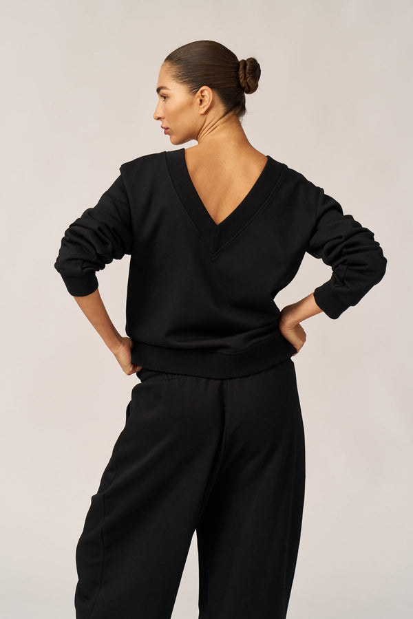 BLACK FRENCH TERRY V-NECK SHIRT