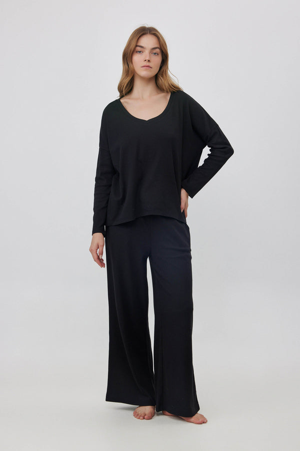 Black Ribbed Wide-Leg Pants