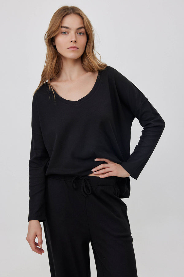 Black V-Neck Ribbed Tee