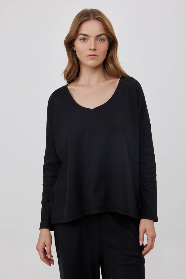 Black V-Neck Ribbed Tee