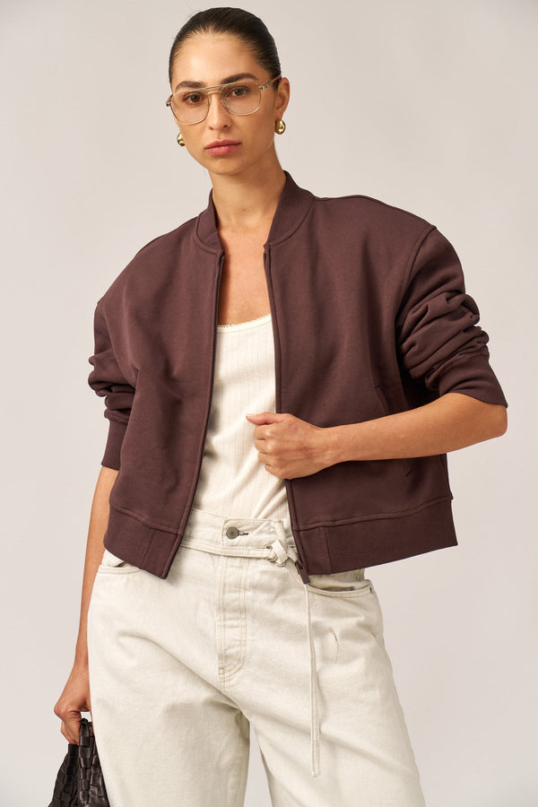 BROWN FRENCH TERRY BOMBER JACKET