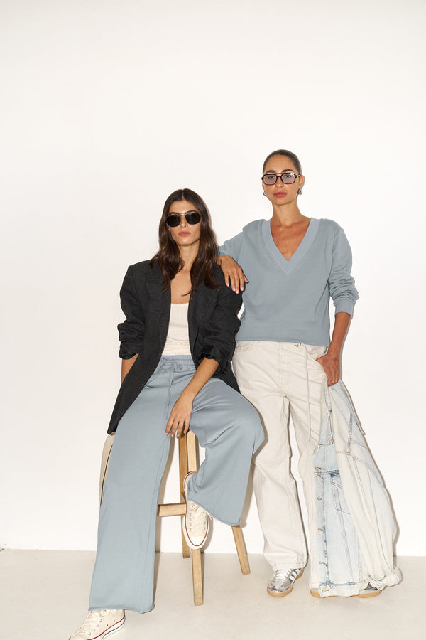 DUSTY BLUE FRENCH TERRY WIDE LEG PANTS