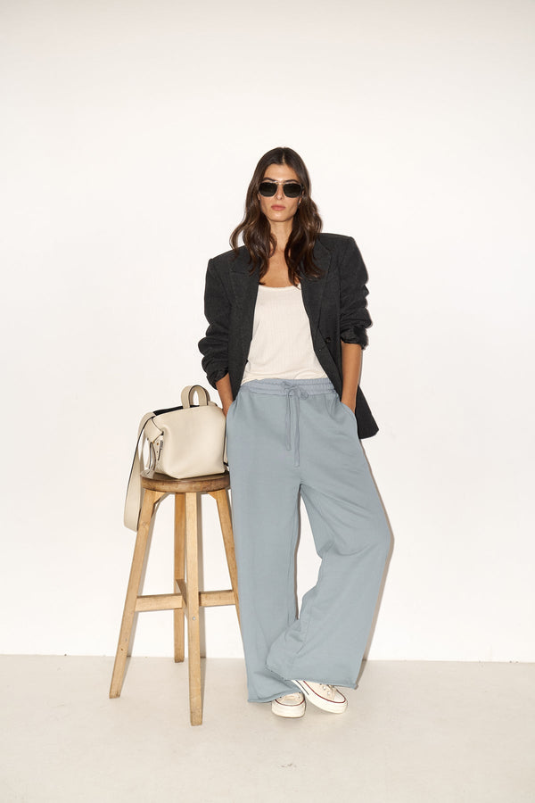 DUSTY BLUE FRENCH TERRY WIDE LEG PANTS