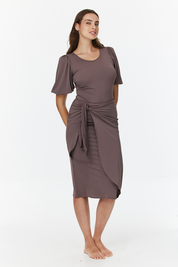 GOTTEX MODEST PUFF SLEEVE ONE PIECE SWIMSUIT IN BROWN