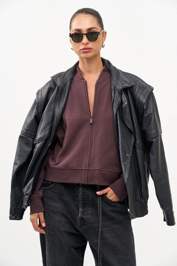 BROWN FRENCH TERRY BOMBER JACKET