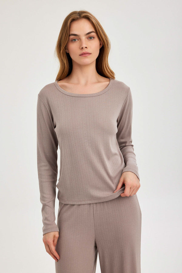Mocha Pointelle Long-Sleeve Top
