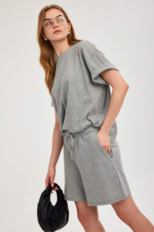 Grey Ribbed Short-Sleeve Top