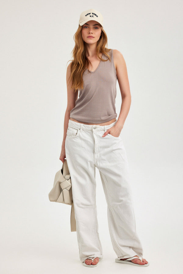 Mocha Pointelle V-Neck Tank Top