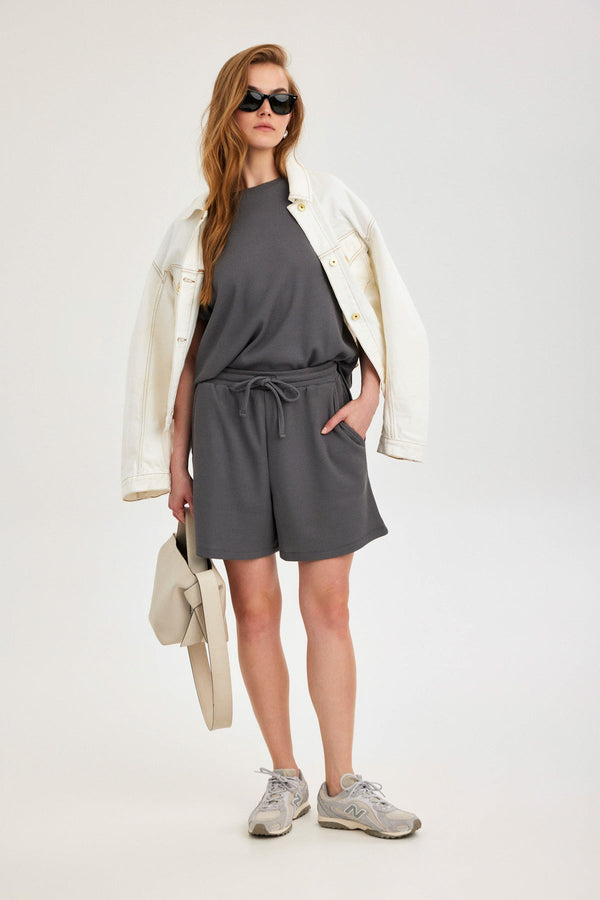 Dark Grey Waffle Short-Sleeve Top