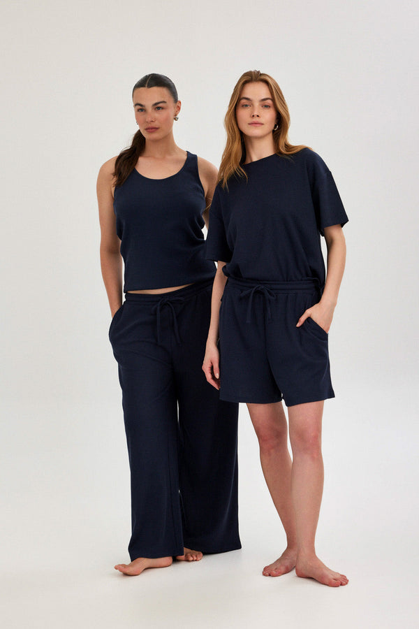 Navy Waffle Wide-Leg Trousers