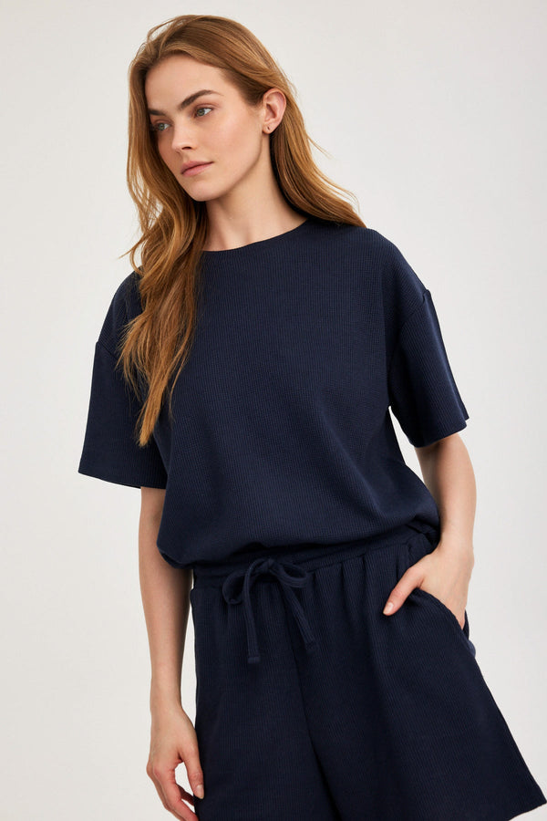 Navy Waffle Short-Sleeve Top