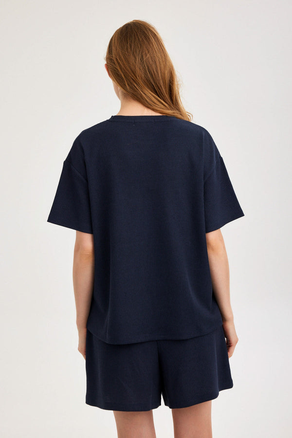 Navy Waffle Short-Sleeve Top