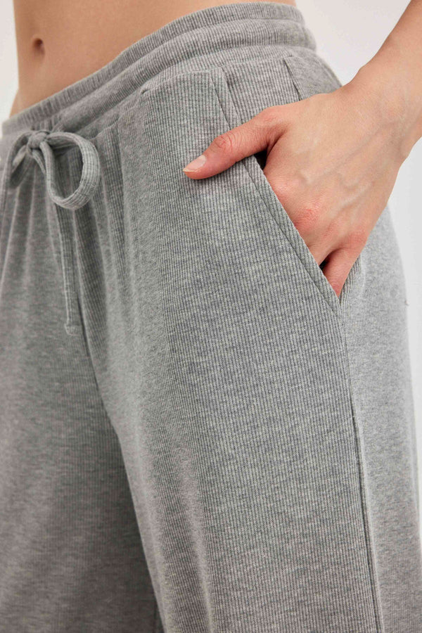 Grey Ribbed Wide-Leg Trousers