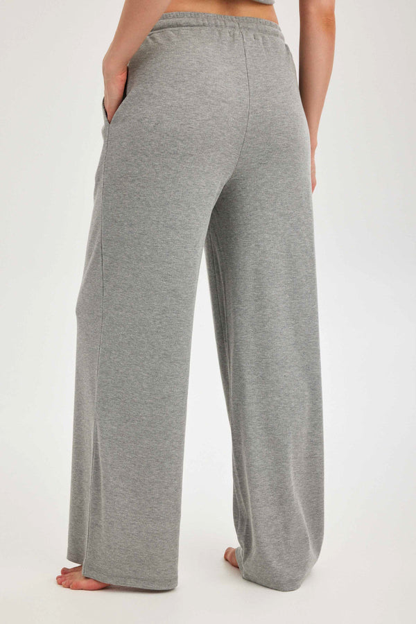 Grey Ribbed Wide-Leg Trousers