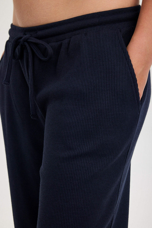 Navy Waffle Wide-Leg Trousers