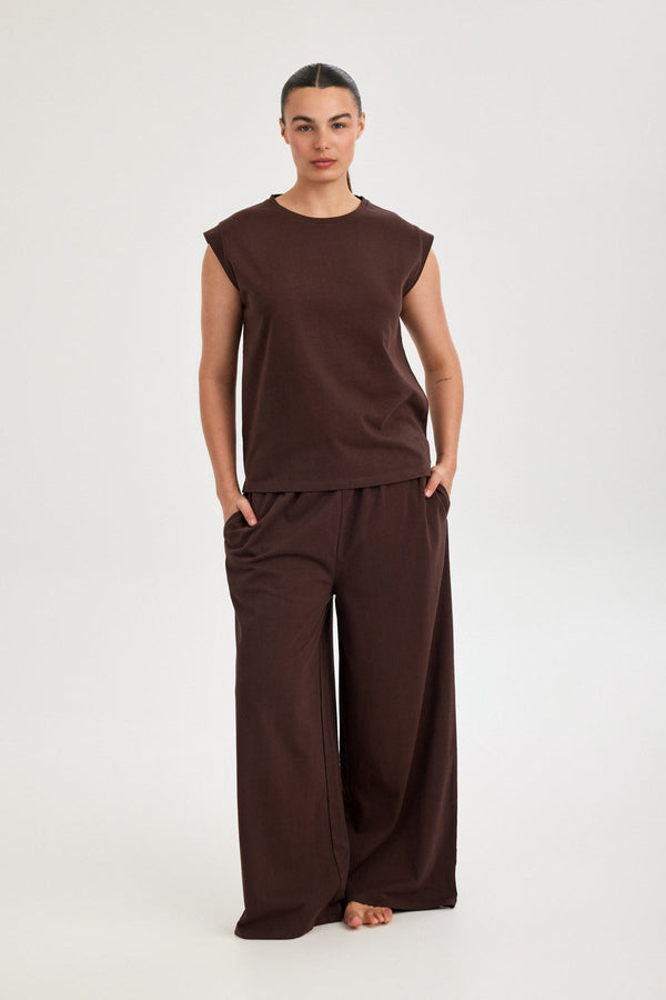 Brown Jersey Wide-Leg Trousers