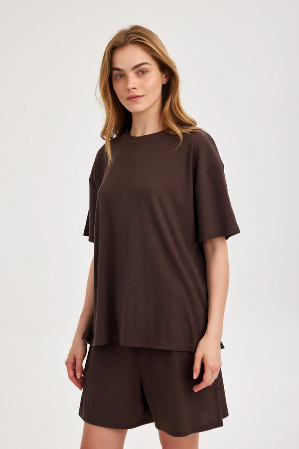 Dark Brown Ribbed Short-Sleeve Top