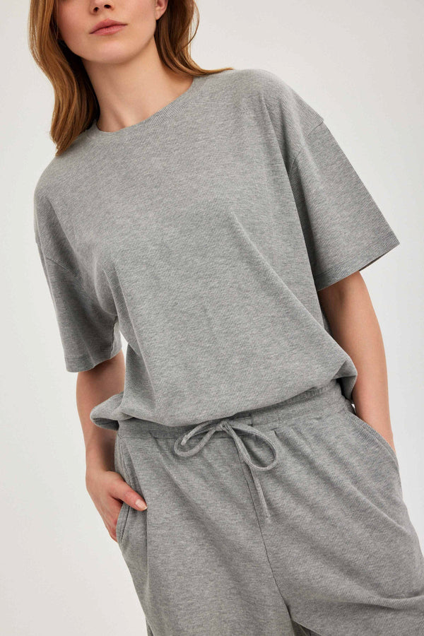 Grey Ribbed Short-Sleeve Top