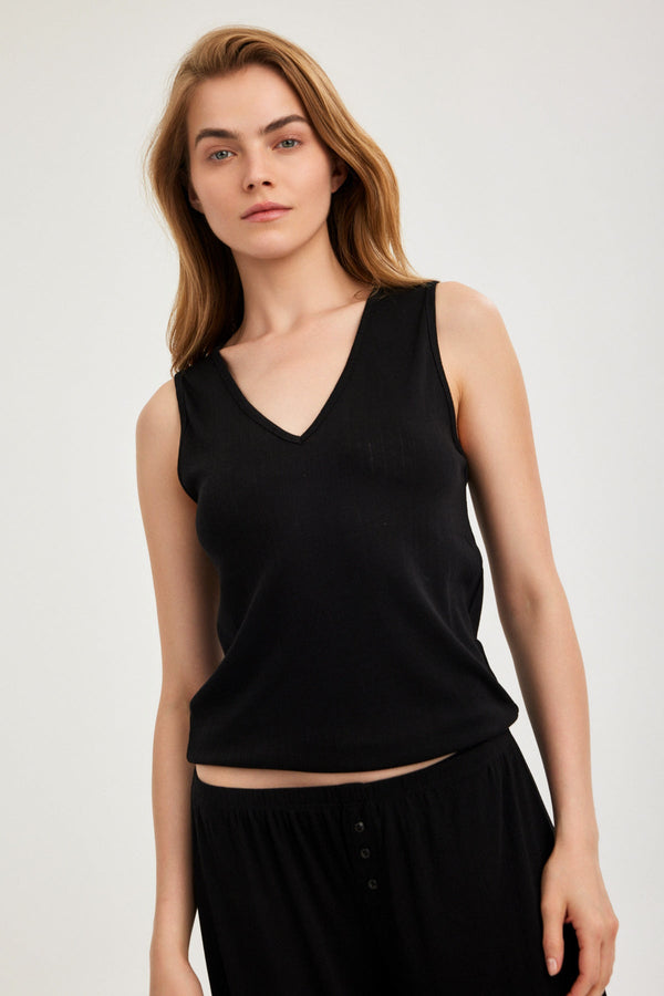Black Pointelle V-Neck Tank Top