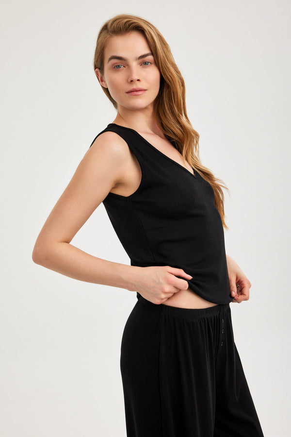 Black Pointelle V-Neck Tank Top