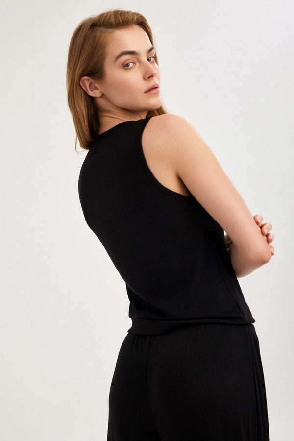 Black Pointelle V-Neck Tank Top