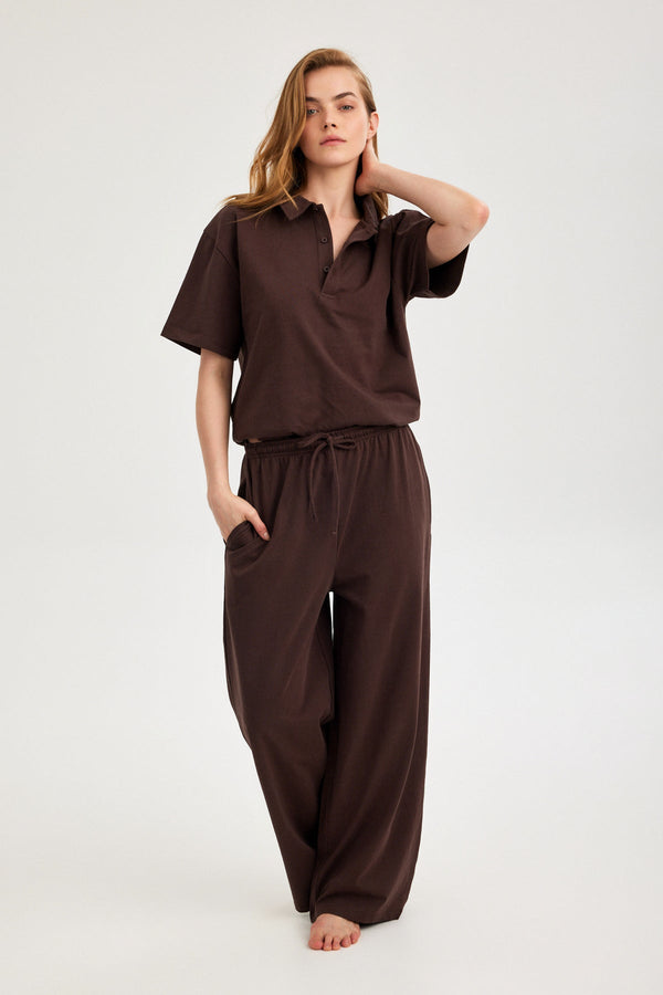 Brown Jersey Wide-Leg Trousers