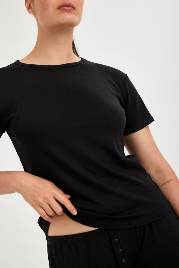 Black Pointelle Short-Sleeve Top