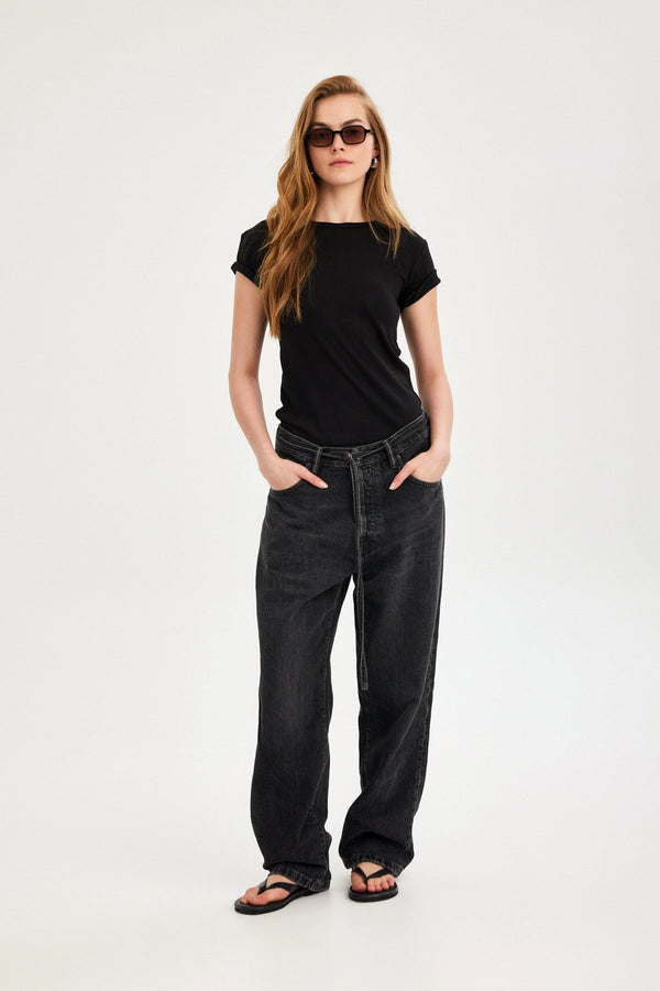 Black Pointelle Short-Sleeve Top