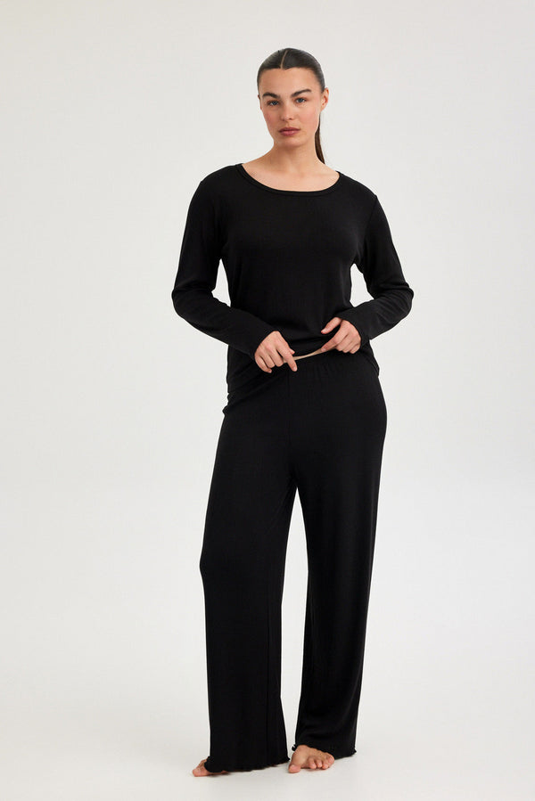 Black Pointelle Straight-Leg Trousers