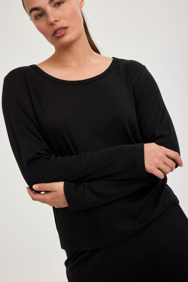 Black Pointelle Long-Sleeve Top