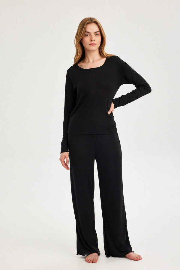 Black Pointelle Straight-Leg Trousers