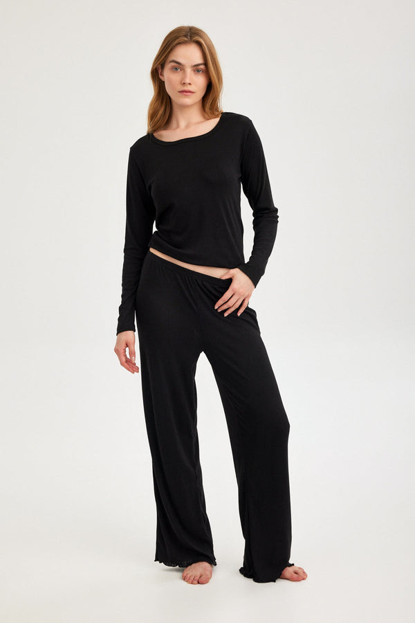 Black Pointelle Straight-Leg Trousers