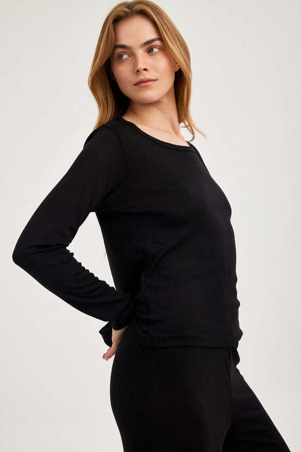 Black Pointelle Long-Sleeve Top