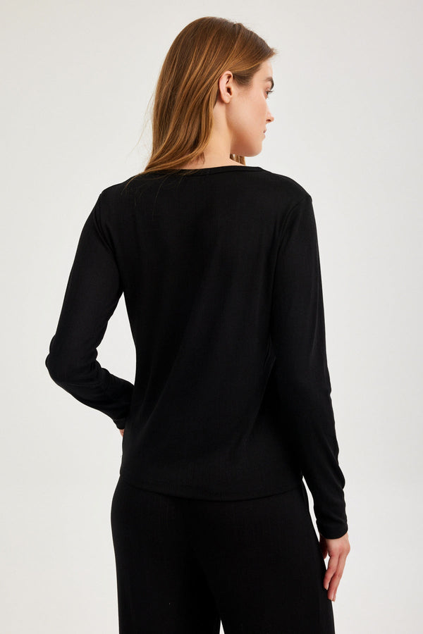 Black Pointelle Long-Sleeve Top