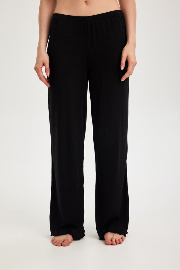 Black Pointelle Straight-Leg Trousers