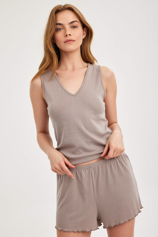 Mocha Pointelle V-Neck Tank Top