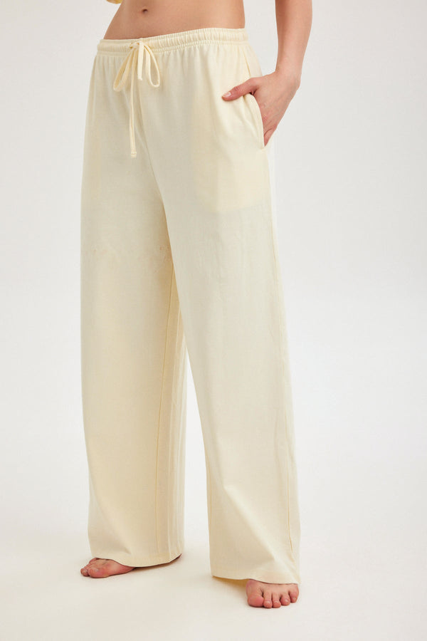 Cream Jersey Wide-Leg Trousers
