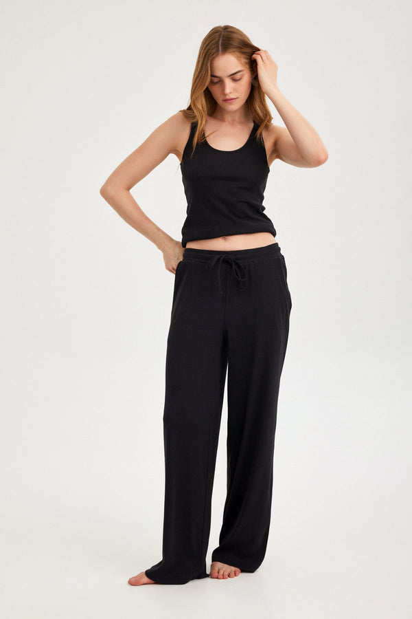 Midnight Black Ribbed Wide-Leg Trousers