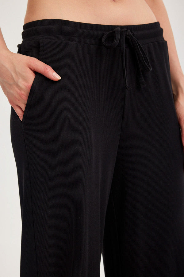 Black Ribbed Wide-Leg Trousers