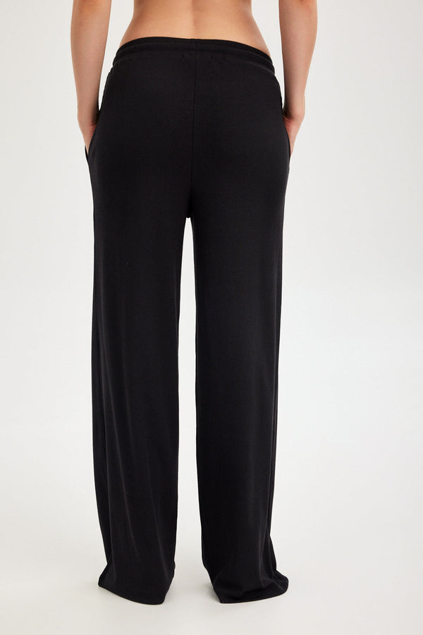 Black Ribbed Wide-Leg Trousers