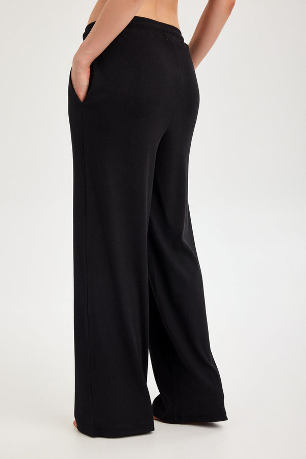 Midnight Black Ribbed Wide-Leg Trousers
