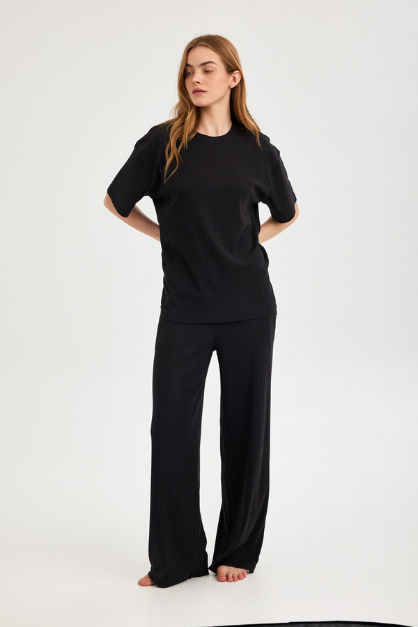 Midnight Black Ribbed Wide-Leg Trousers
