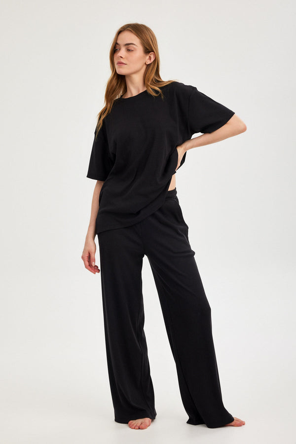 Black Ribbed Wide-Leg Trousers