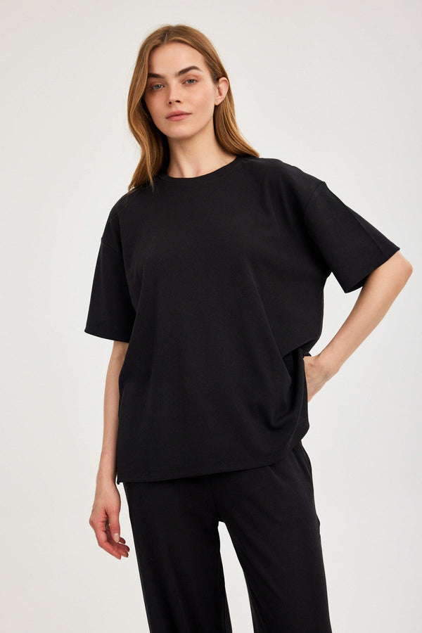 Midnight Black Ribbed Short-Sleeve Top