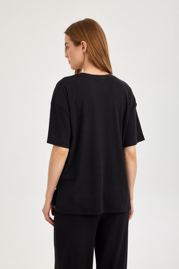 Midnight Black Ribbed Short-Sleeve Top
