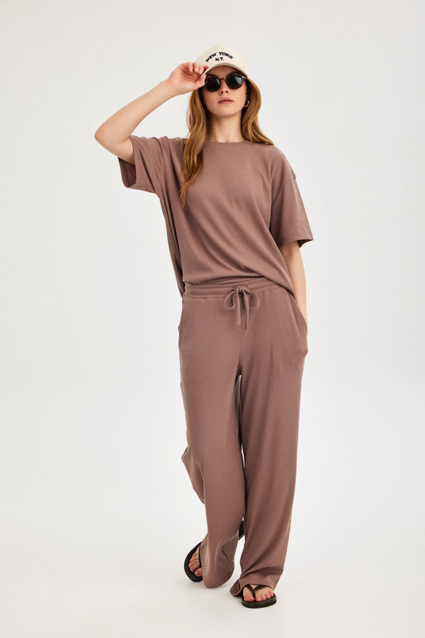 Light Brown Ribbed Wide-Leg Trousers