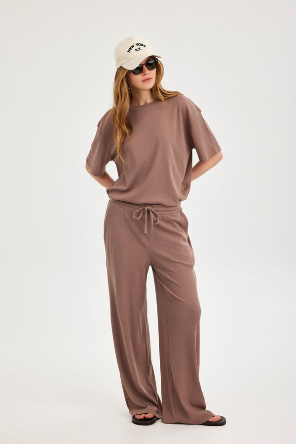 Light Brown Ribbed Short-Sleeve Top