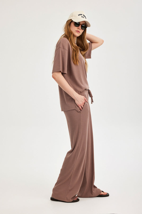 Light Brown Ribbed Wide-Leg Trousers