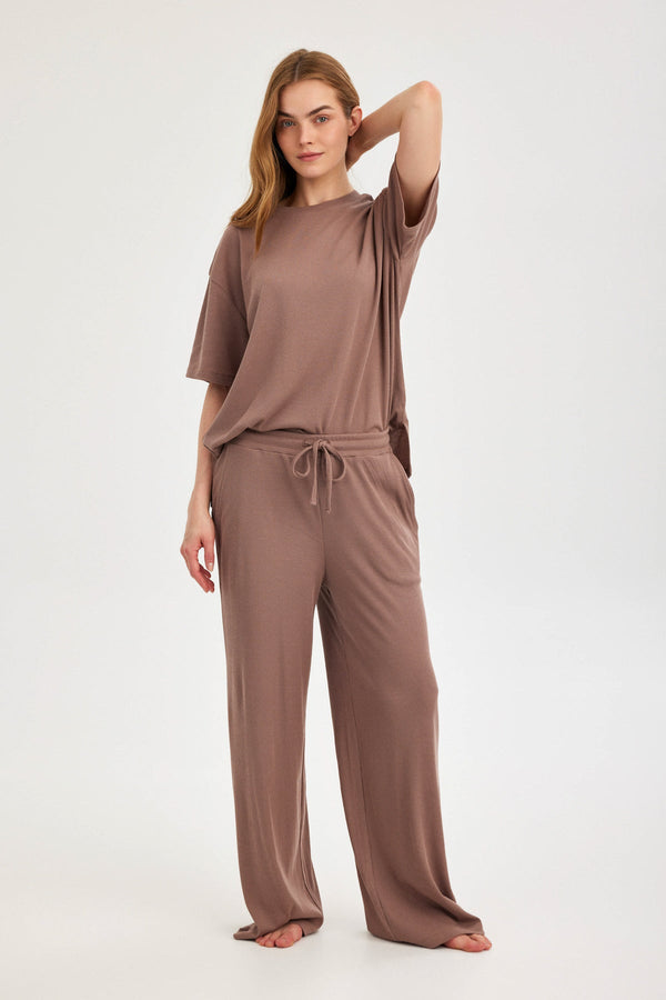 Light Brown Ribbed Wide-Leg Trousers