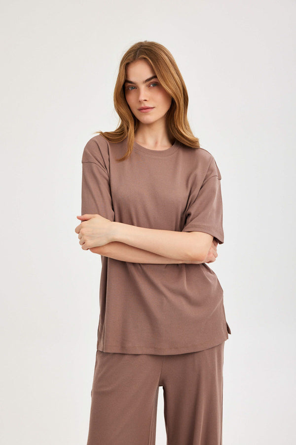 Light Brown Ribbed Short-Sleeve Top
